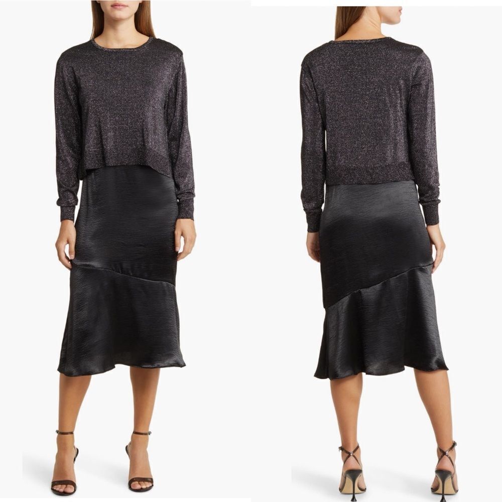 Sam Edelman Satin Slipdress Metallic Sparkle‎ Boat Neck Sweater, Black, 12, NWT